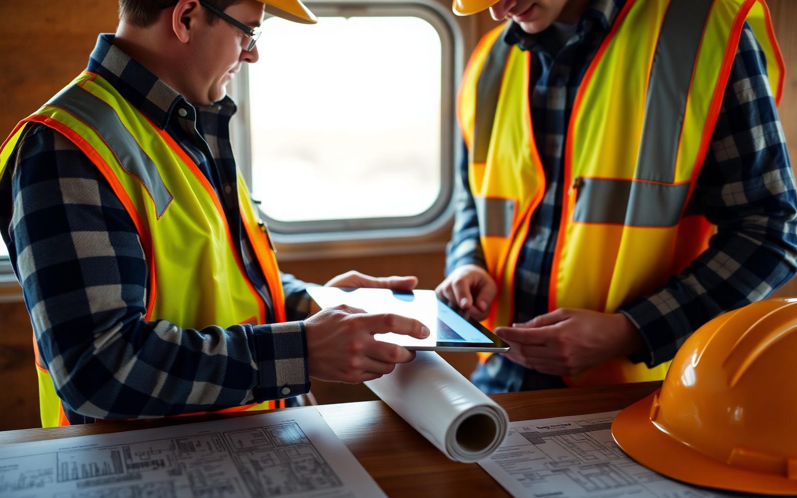 Two contractors in safety vests reviewing permit documents on a tablet at a job-site trailer.