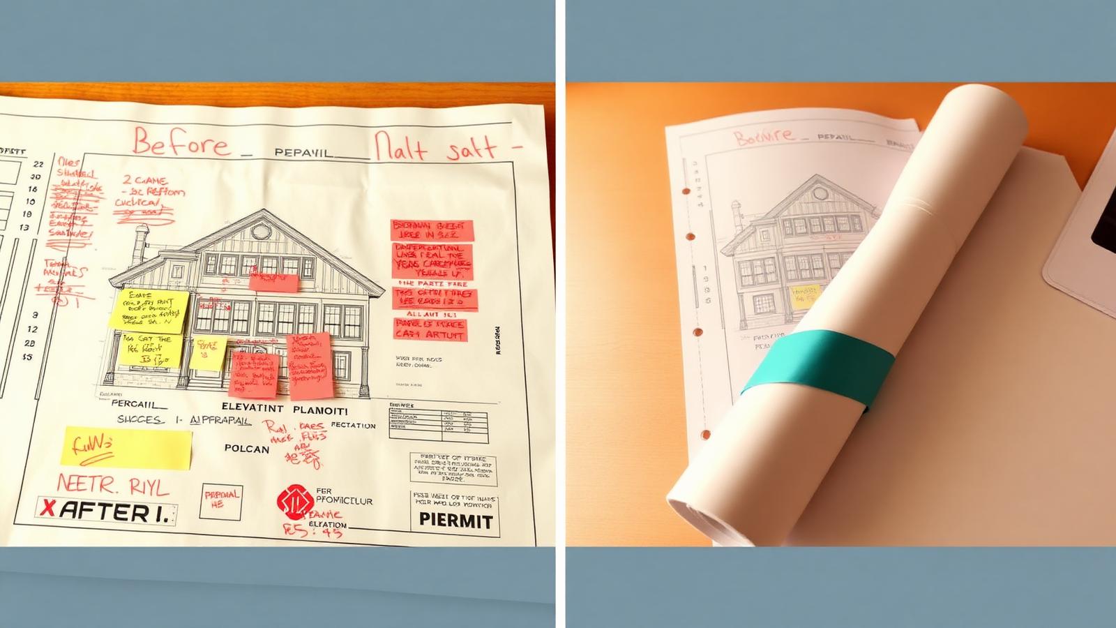 A before-and-after view of an architectural elevation: marked up with red corrections on the left, clean and rolled with a teal band on the right.