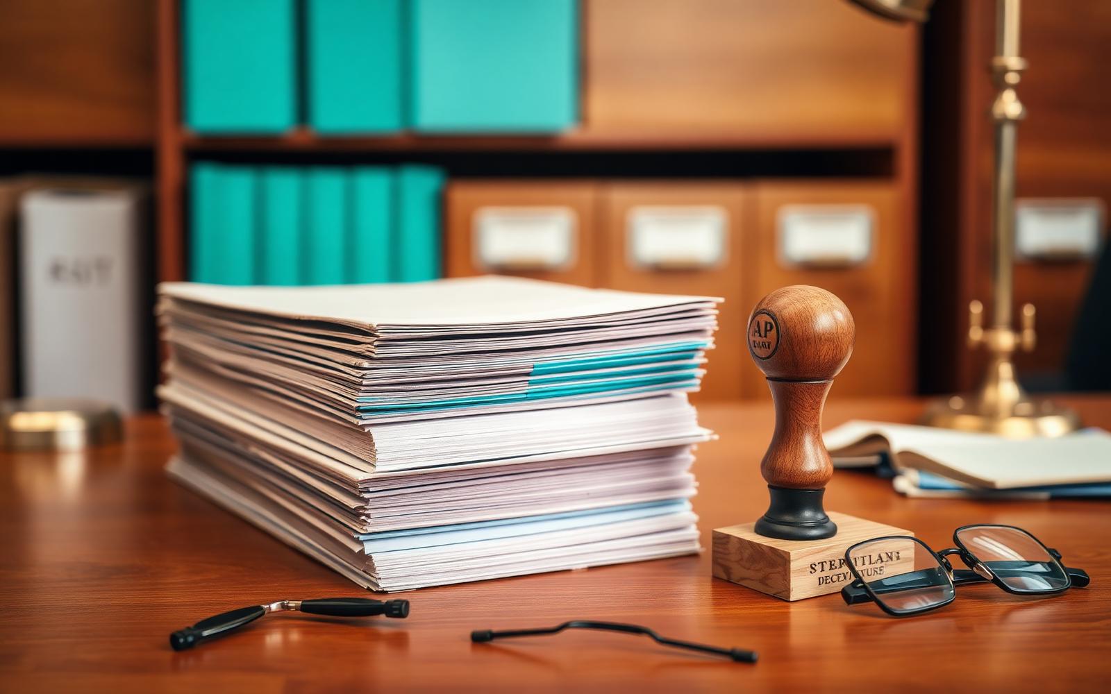 Permit reviewer's intake desk with stacked dossiers, a wooden stamp, glasses, and a brass lamp.